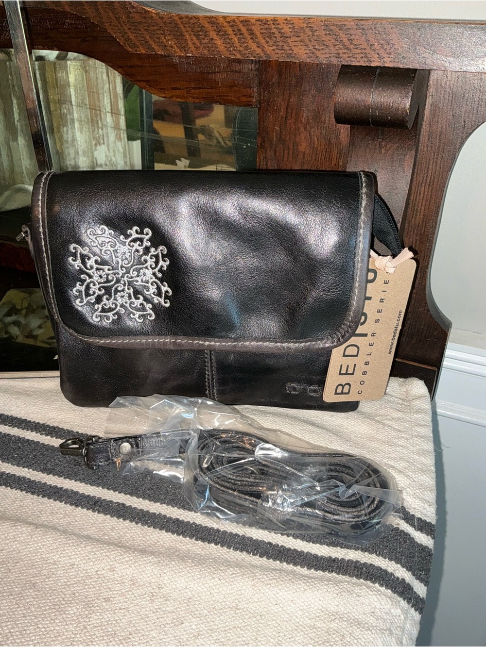 NWT Bed Stu Leather Ziggy Clutch Crossbody Belt Bag Black Rustic MSRP $210